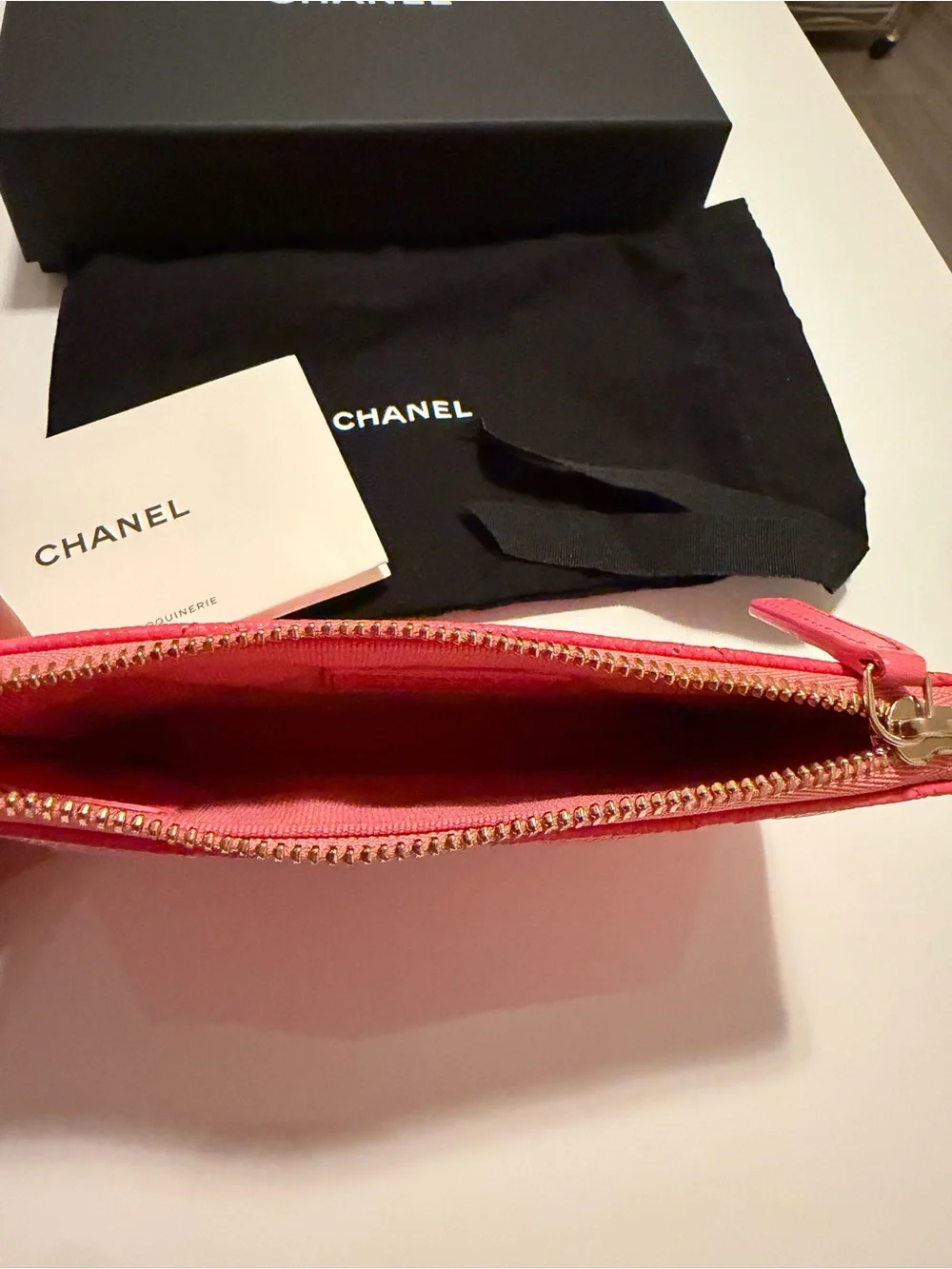 CHANEL Quilted Hot Pink Caviar Leather Zip Coin Pouch with Gold CC